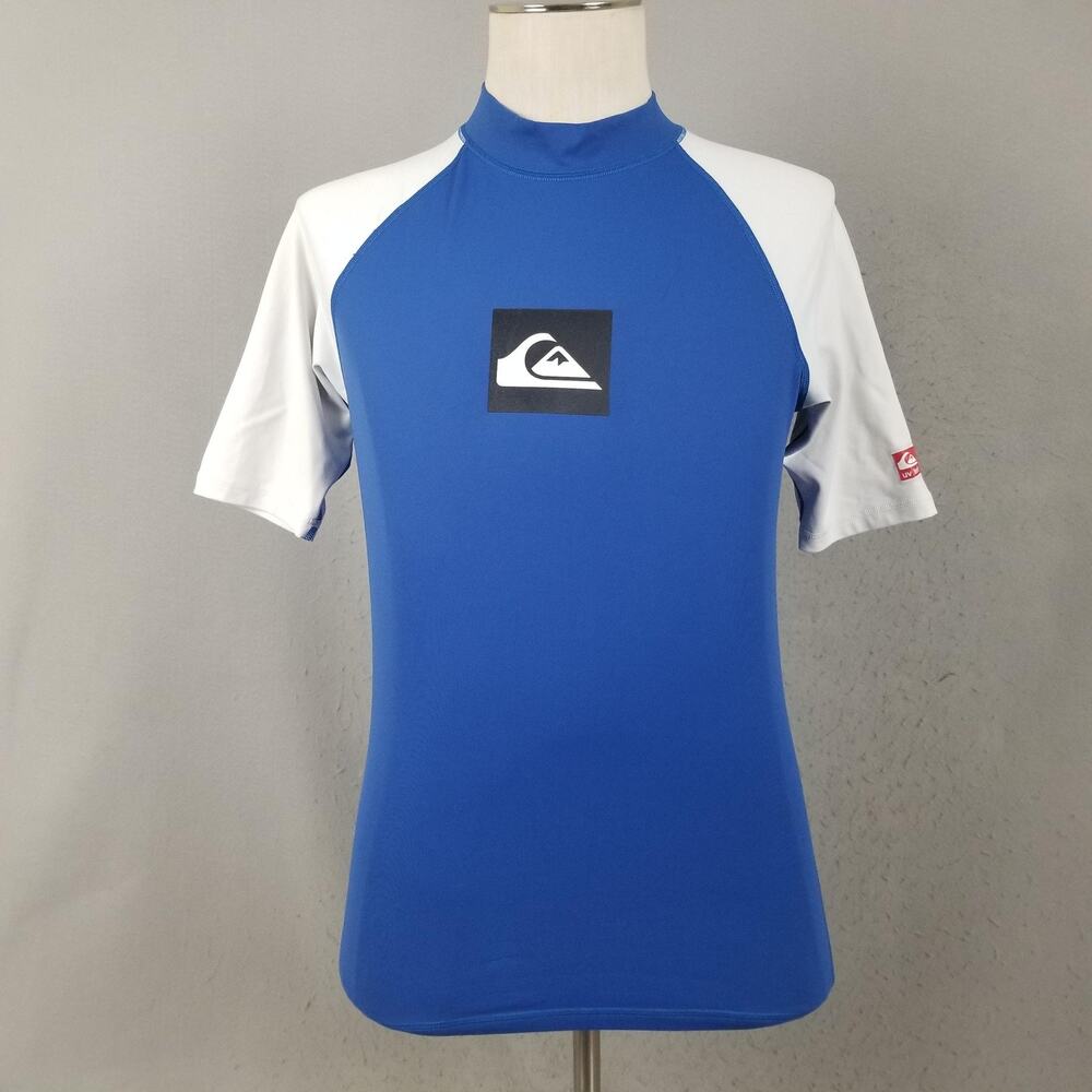 Quiksilver Rash Guard Shirt Mens Large Blue White Short Sleeve Stretch UV Surf
